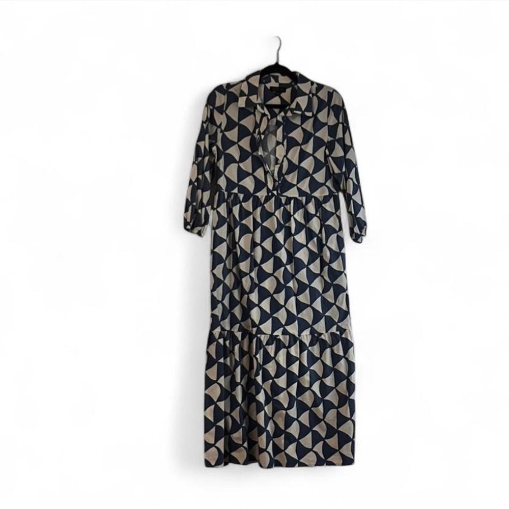 Rachel Zoe Navy and Cream Geometric Midi Dress